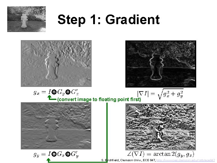 Step 1: Gradient (convert image to floating point first) S. Birchfield, Clemson Univ. ,