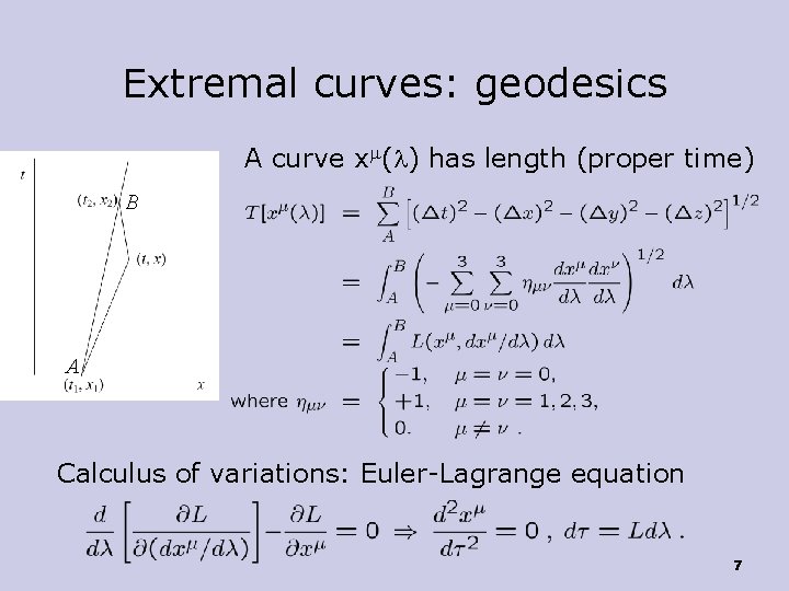 Extremal curves: geodesics A curve xm(l) has length (proper time) B A Calculus of