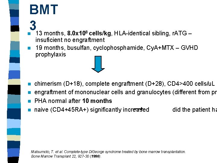 BMT 313 months, 8. 0 x 10 cells/kg, HLA-identical sibling, r. ATG – n