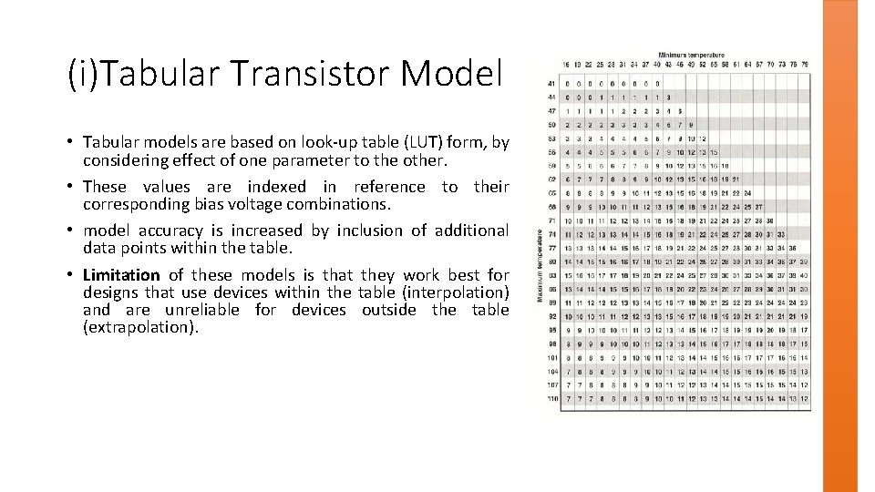 (i)Tabular Transistor Model • Tabular models are based on look-up table (LUT) form, by
