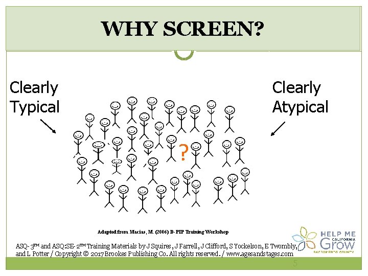 WHY SCREEN? Clearly Typical Clearly Atypical ? Adapted from Macias, M. (2006) D-PIP Training