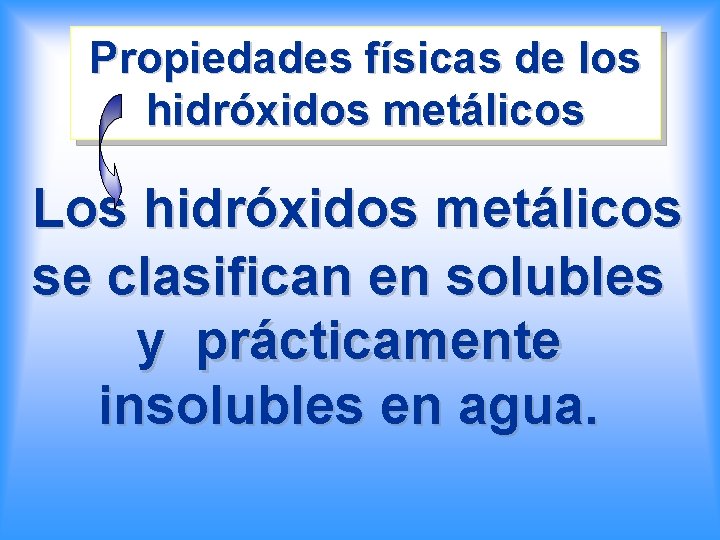 Propiedades físicas de los hidróxidos metálicos Los hidróxidos metálicos se clasifican en solubles y