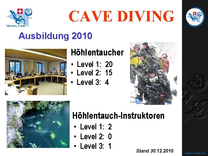 CAVE DIVING Ausbildung 2010 Höhlentaucher • Level 1: 20 • Level 2: 15 • CAVE DIVING Ausbildung 2010 Höhlentaucher • Level 1: 20 • Level 2: 15 •