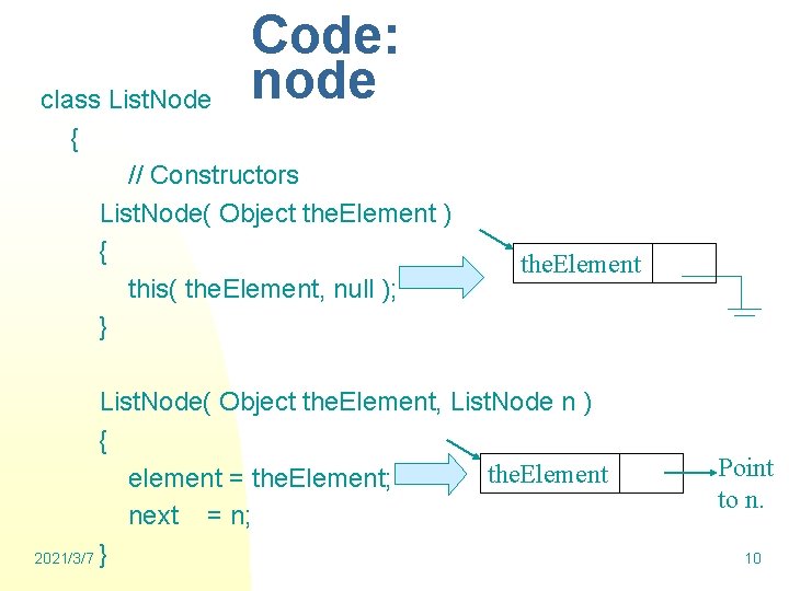 Code: node class List. Node { // Constructors List. Node( Object the. Element )