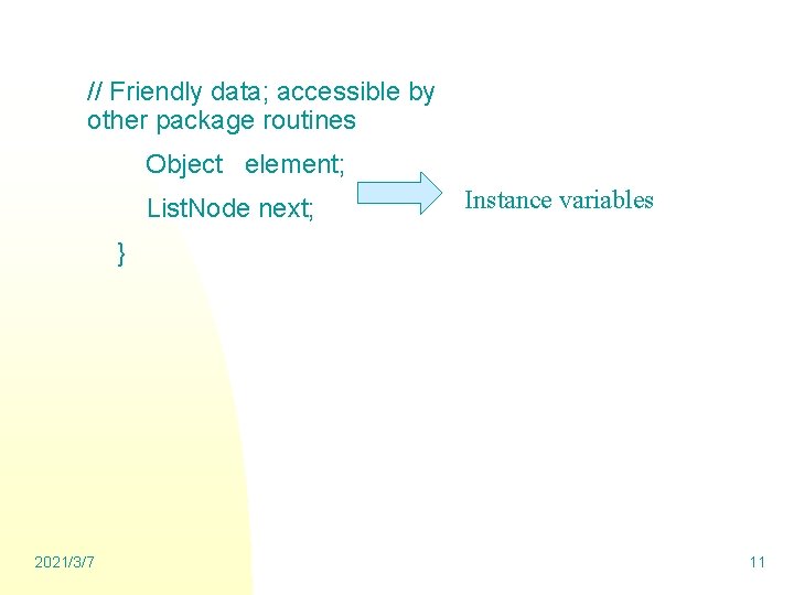 // Friendly data; accessible by other package routines Object element; List. Node next; Instance