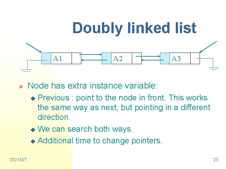 Doubly linked list A 1 n A 2 A 3 Node has extra instance