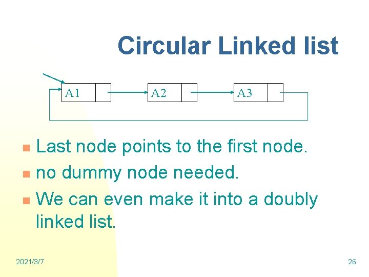 Circular Linked list A 1 A 2 A 3 Last node points to the