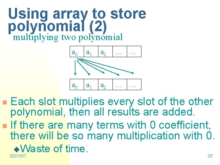 Using array to store polynomial (2) multiplying two polynomial a 0 a 1 a