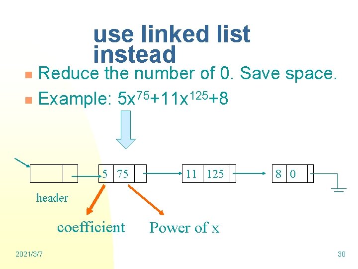 use linked list instead Reduce the number of 0. Save space. n Example: 5
