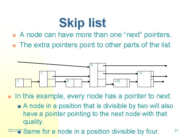 Skip list A node can have more than one “next” pointers. The extra pointers