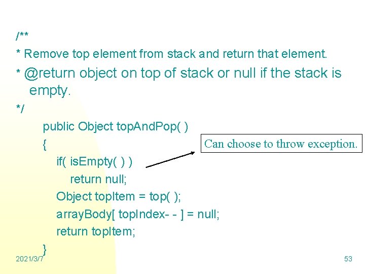 /** * Remove top element from stack and return that element. * @return object