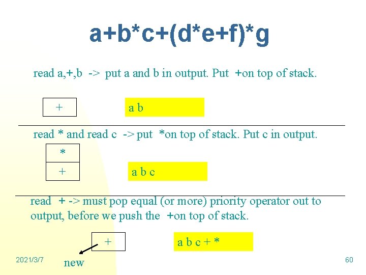 a+b*c+(d*e+f)*g read a, +, b -> put a and b in output. Put +on
