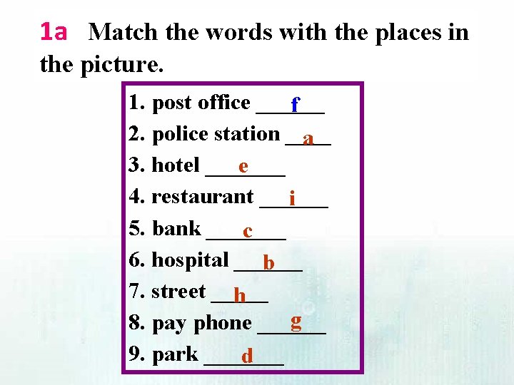 1 a Match the words with the places in the picture. 1. post office