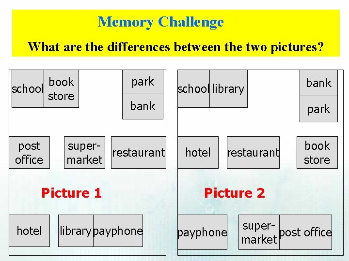 Memory Challenge What are the differences between the two pictures? book school store post