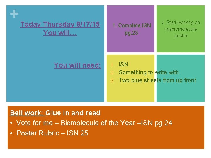 + Today Thursday 9/17/15 You will… You will need: 1. Complete ISN pg. 23