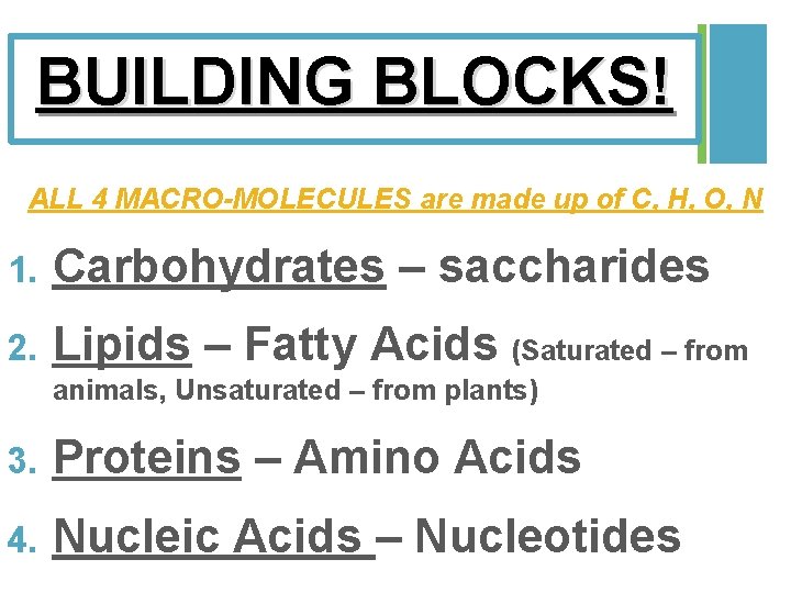 + BUILDING BLOCKS! ALL 4 MACRO-MOLECULES are made up of C, H, O, N