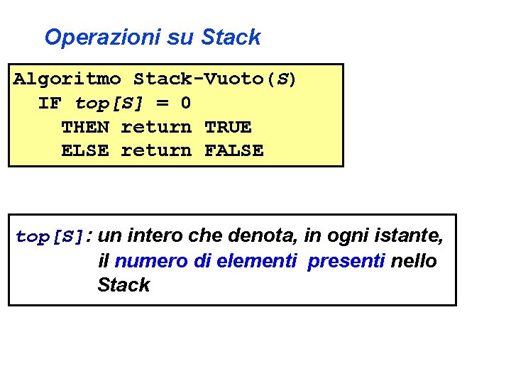 Operazioni su Stack Algoritmo Stack-Vuoto(S) IF top[S] = 0 THEN return TRUE ELSE return