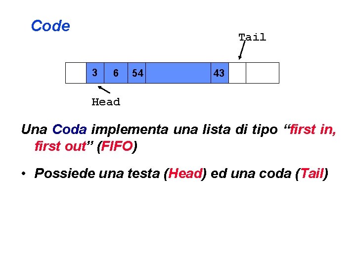 Code Tail 3 6 54 43 Head Una Coda implementa una lista di tipo
