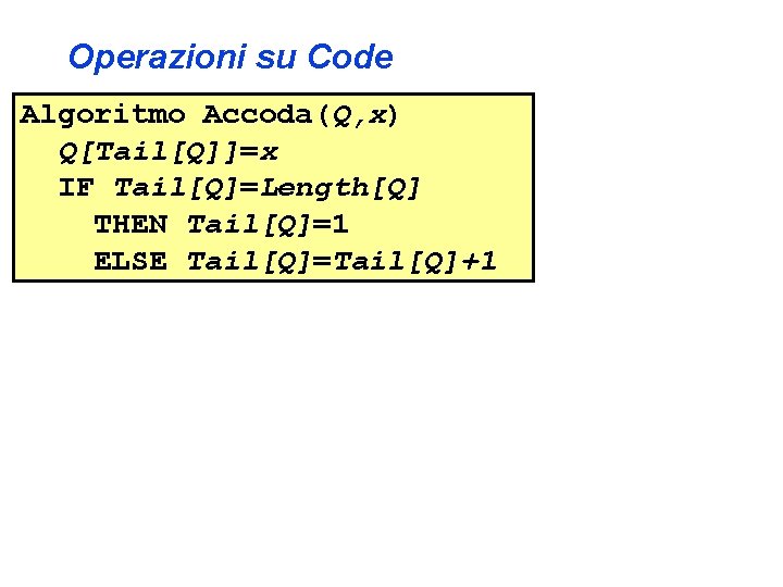 Operazioni su Code Algoritmo Accoda(Q, x) Q[Tail[Q]]=x IF Tail[Q]=Length[Q] THEN Tail[Q]=1 ELSE Tail[Q]=Tail[Q]+1 