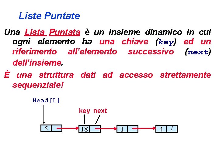 Liste Puntate Una Lista Puntata è un insieme dinamico in cui ogni elemento ha