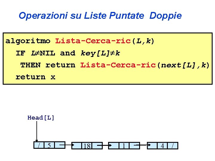 Operazioni su Liste Puntate Doppie algoritmo Lista-Cerca-ric(L, k) IF L NIL and key[L] k