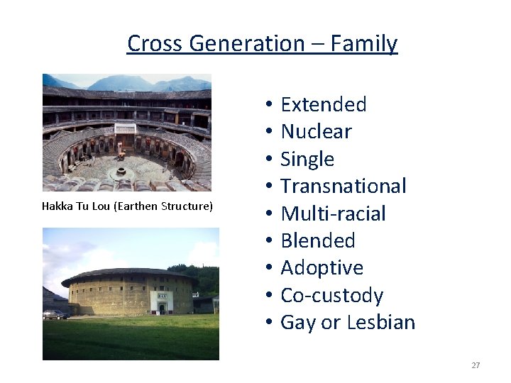 Cross Generation – Family Hakka Tu Lou (Earthen Structure) • • • Extended Nuclear