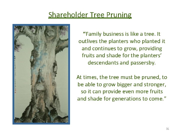 Shareholder Tree Pruning “Family business is like a tree. It outlives the planters who