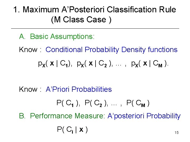 1. Maximum A’Posteriori Classification Rule (M Class Case ) A. Basic Assumptions: Know :
