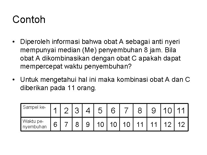 Contoh • Diperoleh informasi bahwa obat A sebagai anti nyeri mempunyai median (Me) penyembuhan