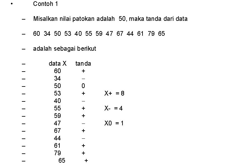  • Contoh 1 – Misalkan nilai patokan adalah 50, maka tanda dari data