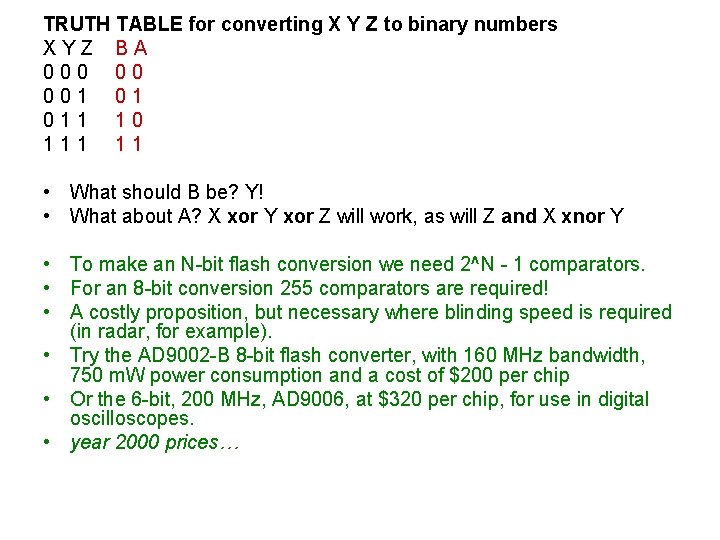 TRUTH TABLE for converting X Y Z to binary numbers XYZ BA 000 00