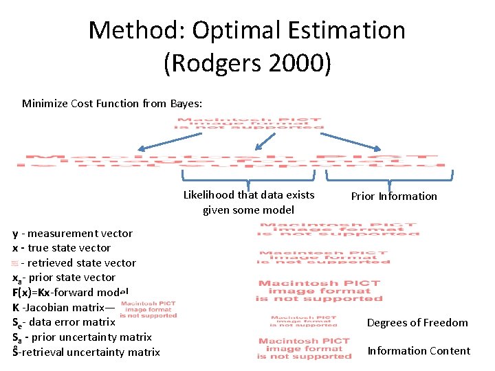 Method: Optimal Estimation (Rodgers 2000) Minimize Cost Function from Bayes: Likelihood that data exists