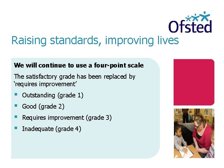 Raising standards, improving lives We will continue to use a four-point scale The satisfactory