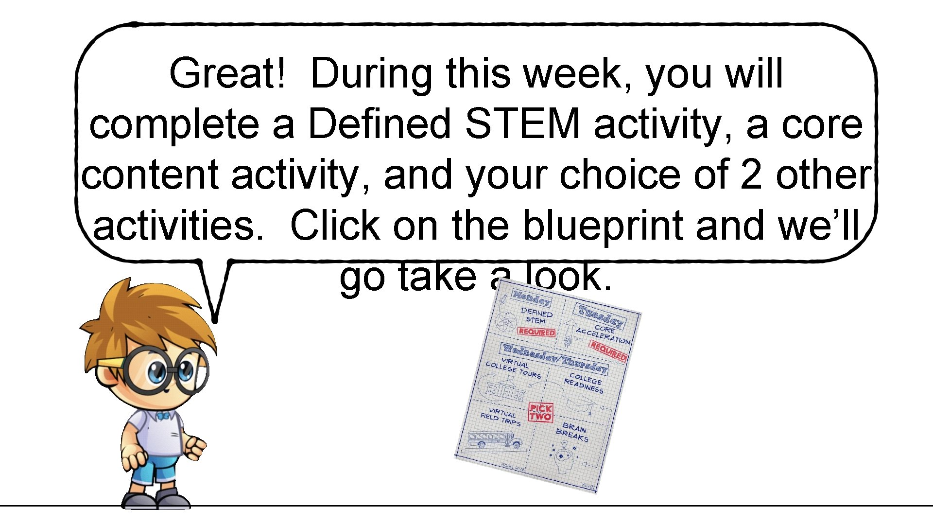 Great! During this week, you will complete a Defined STEM activity, a core content