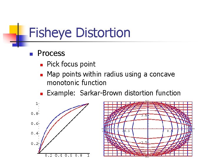 Fisheye Distortion n Process n n n Pick focus point Map points within radius