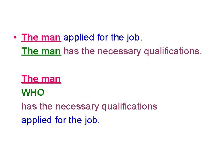  • The man applied for the job. The man has the necessary qualifications.