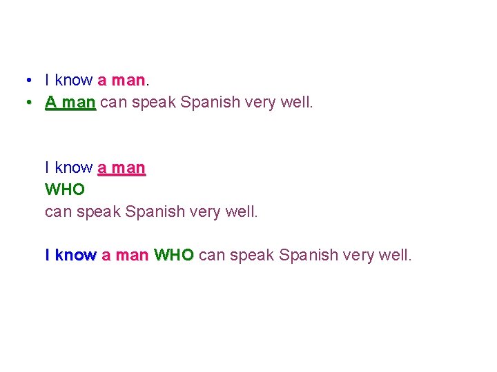  • I know a man • A man can speak Spanish very well.