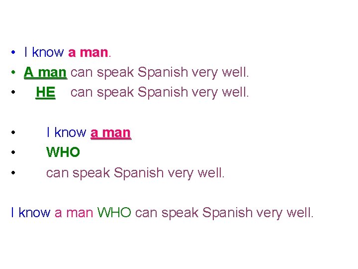  • I know a man • A man can speak Spanish very well.