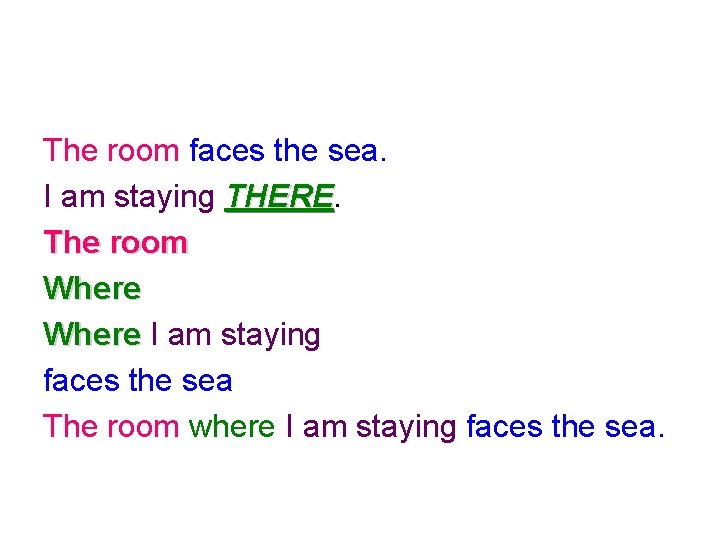 The room faces the sea. I am staying THERE The room Where I am