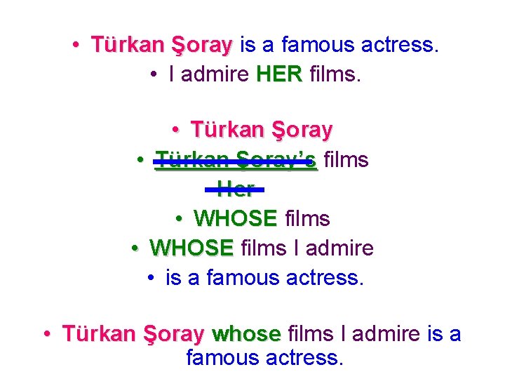  • Türkan Şoray is a famous actress. • I admire HER films. •