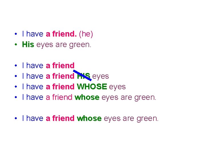  • I have a friend. (he) • His eyes are green. • •