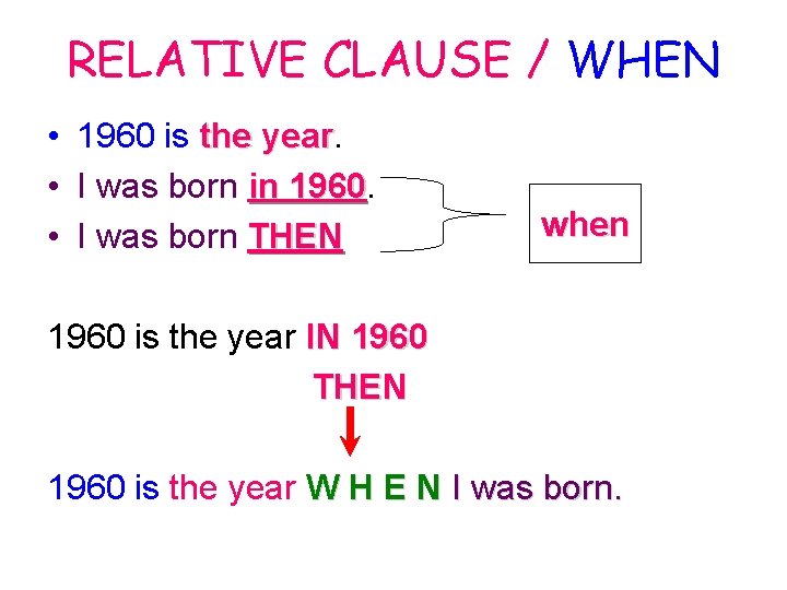 RELATIVE CLAUSE / WHEN • 1960 is the year • I was born in