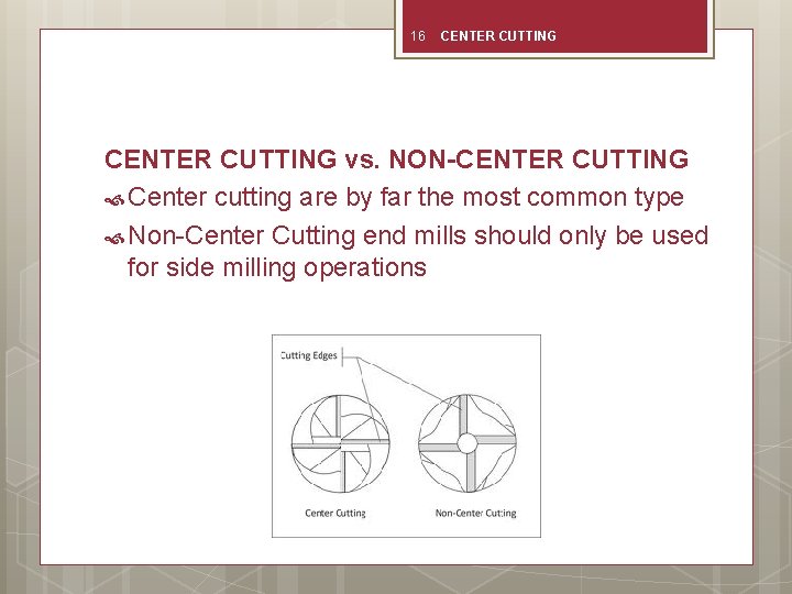 16 CENTER CUTTING vs. NON-CENTER CUTTING Center cutting are by far the most common