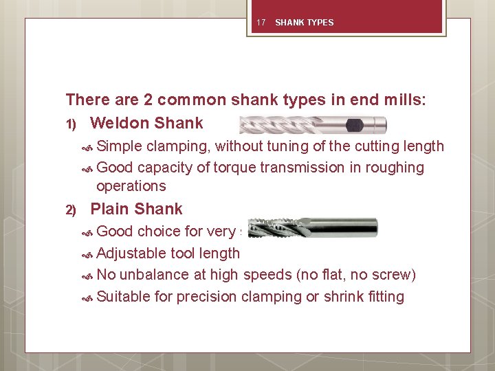 17 SHANK TYPES There are 2 common shank types in end mills: 1) Weldon