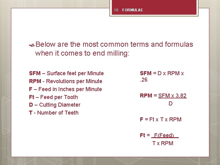 18 FORMULAE Below are the most common terms and formulas when it comes to