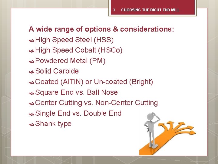 3 CHOOSING THE RIGHT END MILL A wide range of options & considerations: High