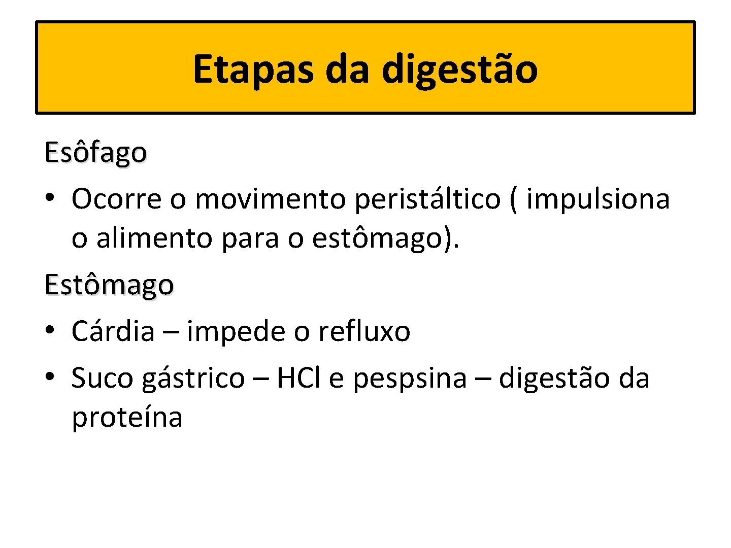 Etapas da digestão Esôfago • Ocorre o movimento peristáltico ( impulsiona o alimento para