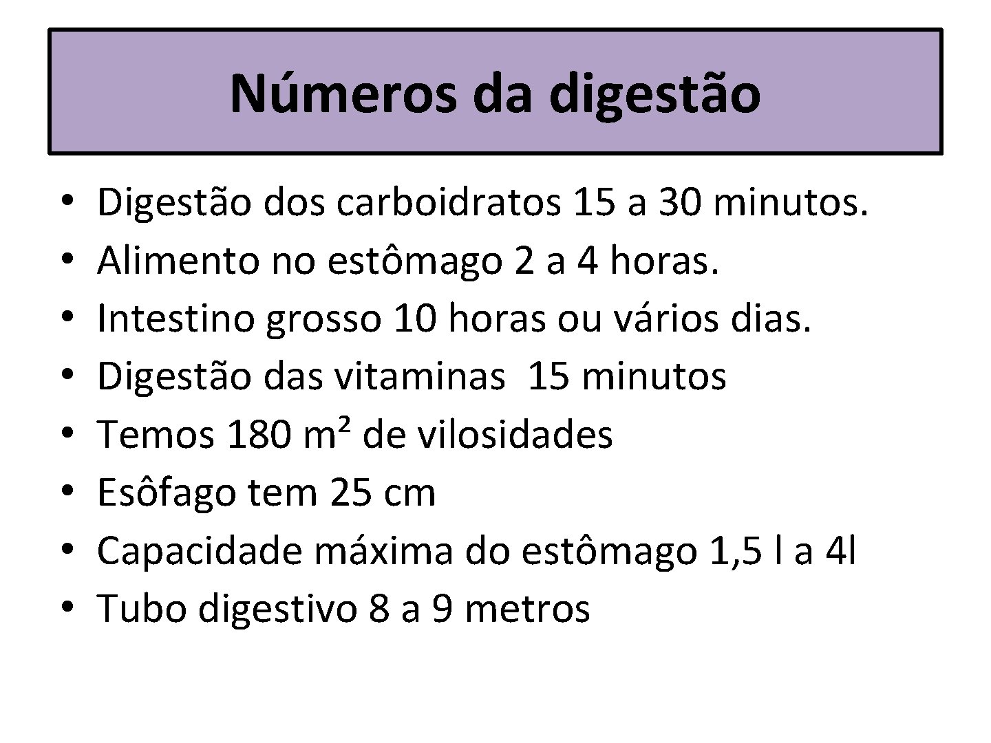 Números da digestão • • Digestão dos carboidratos 15 a 30 minutos. Alimento no
