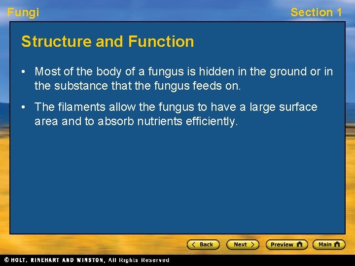 Fungi Section 1 Structure and Function • Most of the body of a fungus