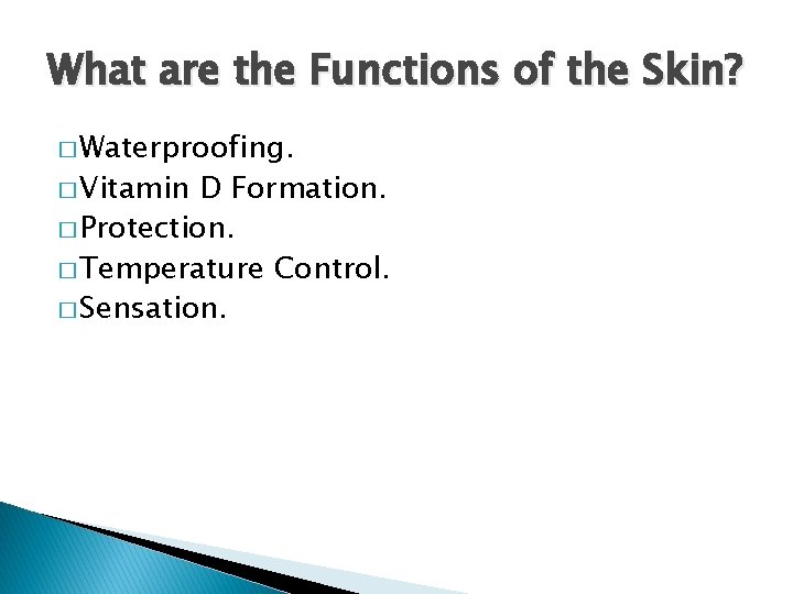 What are the Functions of the Skin? � Waterproofing. � Vitamin D Formation. �